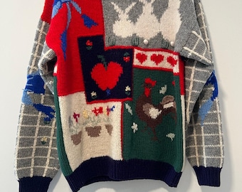 vintage Laine et angora pull en tricot pour professeur Bunnies Rooster Apple Sz Small