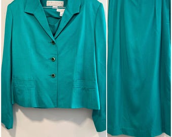 VTG Doncaster 3-delat kjolset med blågrönt viskoskavaj och linne, storlek 12/14