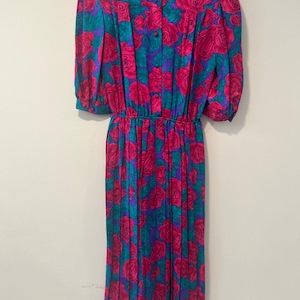 Vintage Adrianna Papell Silk 1/2 Sleeve Midi Dress Pink Teal Floral Belt Sz 8 image 9