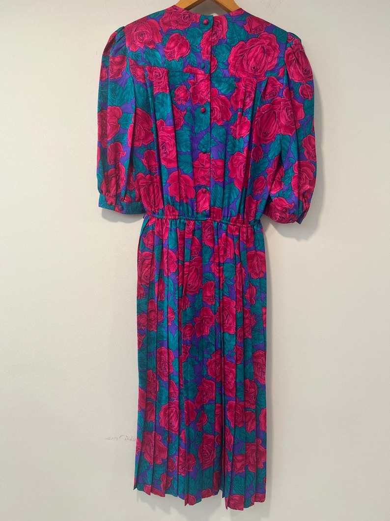 Vintage Adrianna Papell Silk 1/2 Sleeve Midi Dress Pink Teal Floral Belt Sz 8 image 9