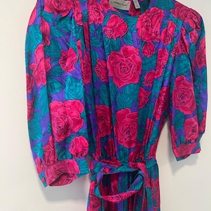 Vintage Adrianna Papell Silk 1/2 Sleeve Midi Dress Pink Teal Floral Belt Sz 8 image 5