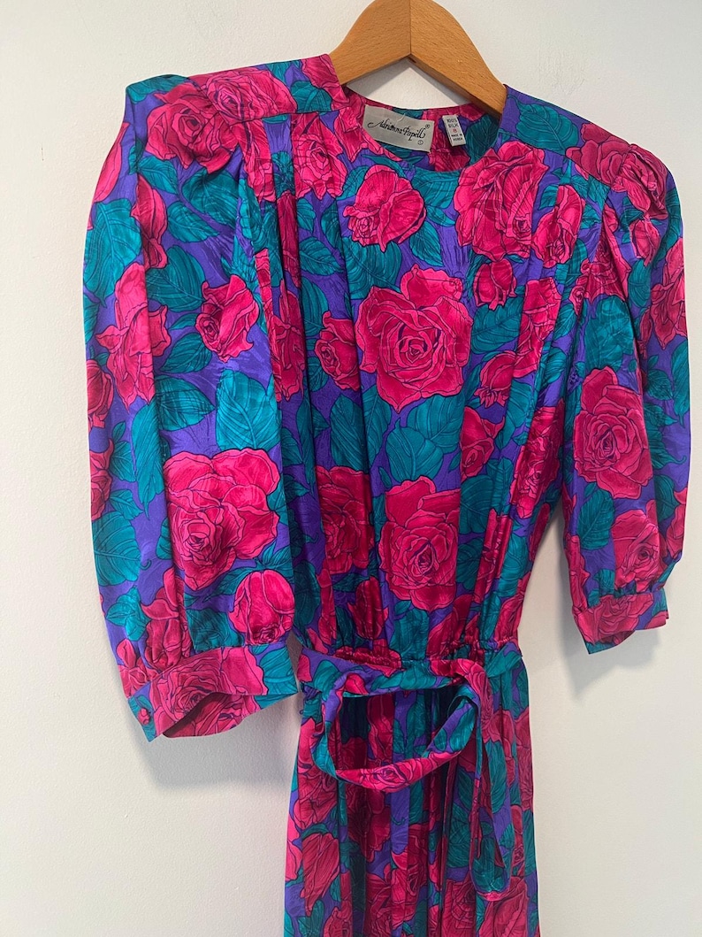 Vintage Adrianna Papell Silk 1/2 Sleeve Midi Dress Pink Teal Floral Belt Sz 8 image 5