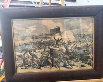 Grabado en madera de alrededor de 1862 que ilustra una escena de batalla de la Guerra Civil. 24 x 17,5 pulgadas.