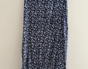 Vintage Rayon Midikjol Marinblå Vit Blommig Dragkedja Storlek Medium