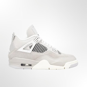 May include: Light grey and white athletic shoe. The shoe features a mesh panel, a white midsole, and a light grey suede upper. The shoe has a high-top design with a padded collar and tongue. The outsole is white and grey.
