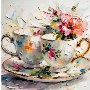 Teacups Art Vintage Tea Cups Oil Painting Original Art Modern Still Life Girly Small Canvas Kitchen Art by Renata Minko