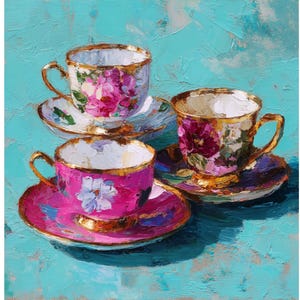 Tea Party Wall Art Oil on Canvas Small Painting Girly Wall Art Textured Impasto Modern Elegant Still Life by Renata Minko