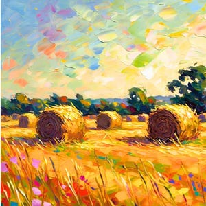 Farm Scene Harvest Original Wall Art 10x10 Square Landscape Art Original Home Decor Green Pastel Meadow Countryside Wall Art by Renata Minko