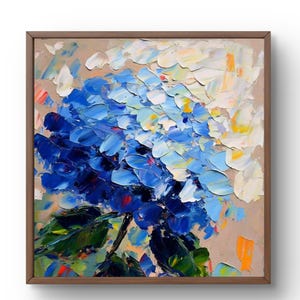 May include: A close-up of a blue and white hydrangea flower painted in a textured style. The painting features thick brushstrokes and vibrant colors.