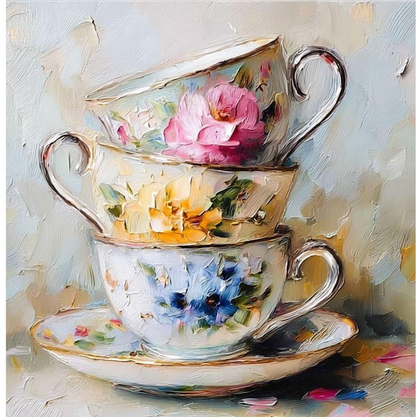 Original Teacups Oil Painting: Vintage Kitchen Still Life Canvas Art