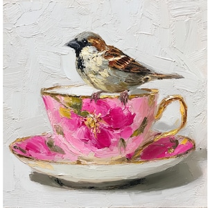 Floral Teacup Oil Painting: Whimsical Bird Art, Kitchen Decor