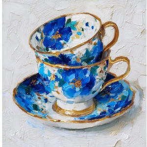 Porcelain Teacups Canvas Small Painting Girly Wall Art Textured Impasto Modern Elegant Still Life by Renata Minko
