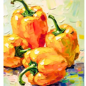 Légumes poivrons nourriture nature morte art mural cuisine peinture à l'huile cuisine empâtement personnalisé petite peinture à l'huile 10 x 10 par Renata Minko