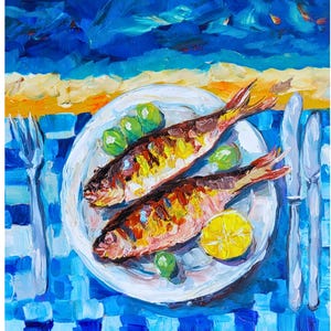 Mediterranean Sardines Fish Original Small Canvas Oil Painting Seafood Original Food Fine Art Kitchen Wall Art by Renata Minko