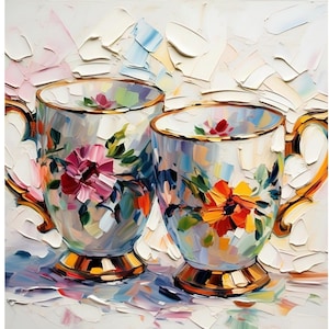 Tea Cups Victorian Original Oil on Canvas Painting Kitchen Wall Art Impasto Modern Still Life by Renata Minko