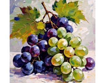 May include: A painting of a bunch of green and purple grapes with leaves. The grapes are arranged in a cluster, with the green grapes on top and the purple grapes on the bottom. The leaves are green and have a textured appearance.
