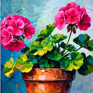Geranium Painting Floral Original Art Impasto Oil Painting Small Artwork 10x10 inch Embrace Vibrance of Nature Art Renata Minko