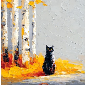 May include: An oil painting depicts a black cat with yellow eyes, sitting in front of a backdrop of birch trees and yellow foliage. The artwork uses thick brushstrokes and a palette of gray, yellow, and black.