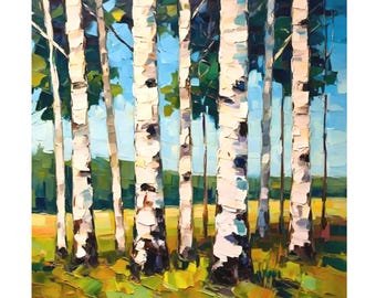 Birch Tree Impasto Oil Painting Aspen Tree Original Art Fall Vermont Painting Landscape Small Oil Wall Art 10x10 inch by Renata Minko