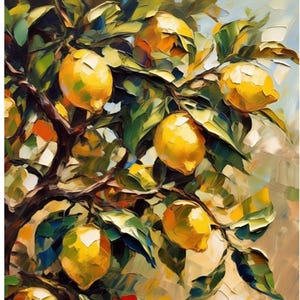 Lemon Tree Fruit Original Oil Painting on Canvas Citrus Kitchen Artwork Modern Still Life by Renata Minko