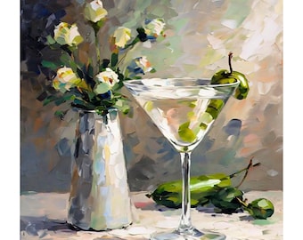Martini and Olives Impasto Oil Painting: Bar Kitchen Still Life Art (10x10 in)