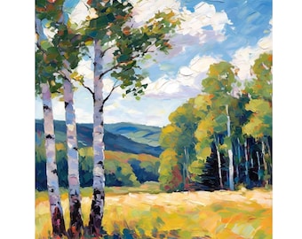 Birch Tree Painting On Canvas Original Impasto Adirondacks Mountains Landscape Small Nature Wall Art 10x10 inch by Renata Minko