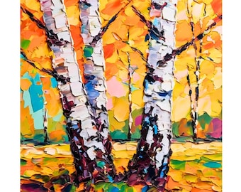 Aspen Birch Trees Original Oil Painting Landscape Impasto Painting Small Forest Wall Art 10x10 inch by Renata Minko