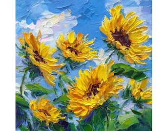 Small Sunflower Oil Painting, Vibrant Floral Impasto Texture, Flower Wall Art for Living Room