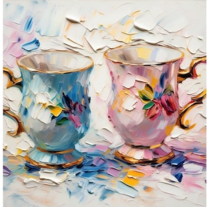 Vintage Teacups Oil Painting: French Farmhouse Kitchen Still Life Art