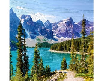 Mountain Lake Oil Painting Original Art Blue Alpine Landscape Canadian Rockies Wall Decor