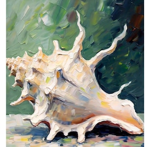 May include: A large, white seashell with a textured surface and a green background. The shell has a long, pointed tip and a wide, open mouth.