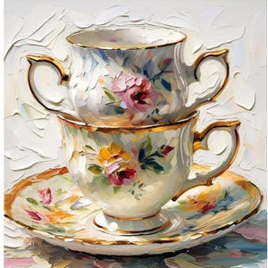 Fancy Teacups Canvas Painting Ready to Hung Girly Wall Art Textured Impasto Modern Still Life by Renata Minko