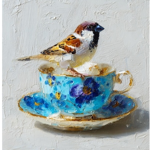 Vintage Teacup Sparrow Original Oil Painting Whimsical Bird Art Floral Tea Cup Still Life Girly Wall Art Still Life by Renata Minko