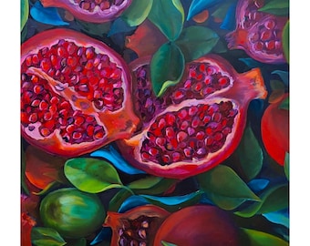 May include: A vibrant painting of pomegranates, showcasing the fruit's rich red seeds and outer skin. The artwork features open pomegranates, revealing the juicy interior, surrounded by green leaves. The color palette includes shades of red, green, and dark hues.