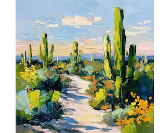 May include: Oil painting of a desert landscape featuring a path winding through tall green cacti and yellow wildflowers. The sky is a mix of blue and white, with a soft, warm light at the horizon. The artwork has a textured, impressionistic style.