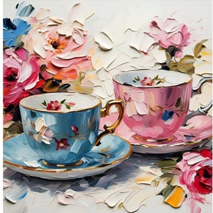 Floral Teacups Impasto Painting: Romantic Girly Still Life Art