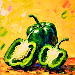 Colorful Kitchen Original Wall Art Peppers Still Life Small Oil Painting on Canvas Ready to Hung by Renata Minko