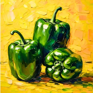 Peppers Food Original Still Life Wall Art Kitchen Oil Painting Kitchen Custom Impasto Painting 10x10 by Renata Minko