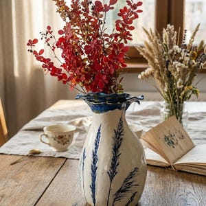Handmade Ceramic Vase 32cm, Blue Meadow Grass Pottery, Rustic Farmhouse Flower Vase - Country Home Decor, Unique Art Gift
