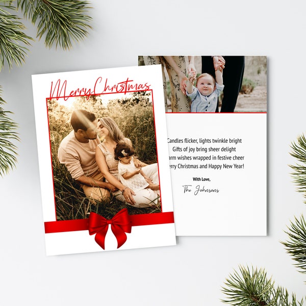 9 Combos, Christmas Card Template, Printable, Editable Custom 5x7, Red Bow Theme