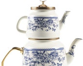 Blue Floral Turkish Double Teapot Set for Stovetop Tea Kettle Water Boiler