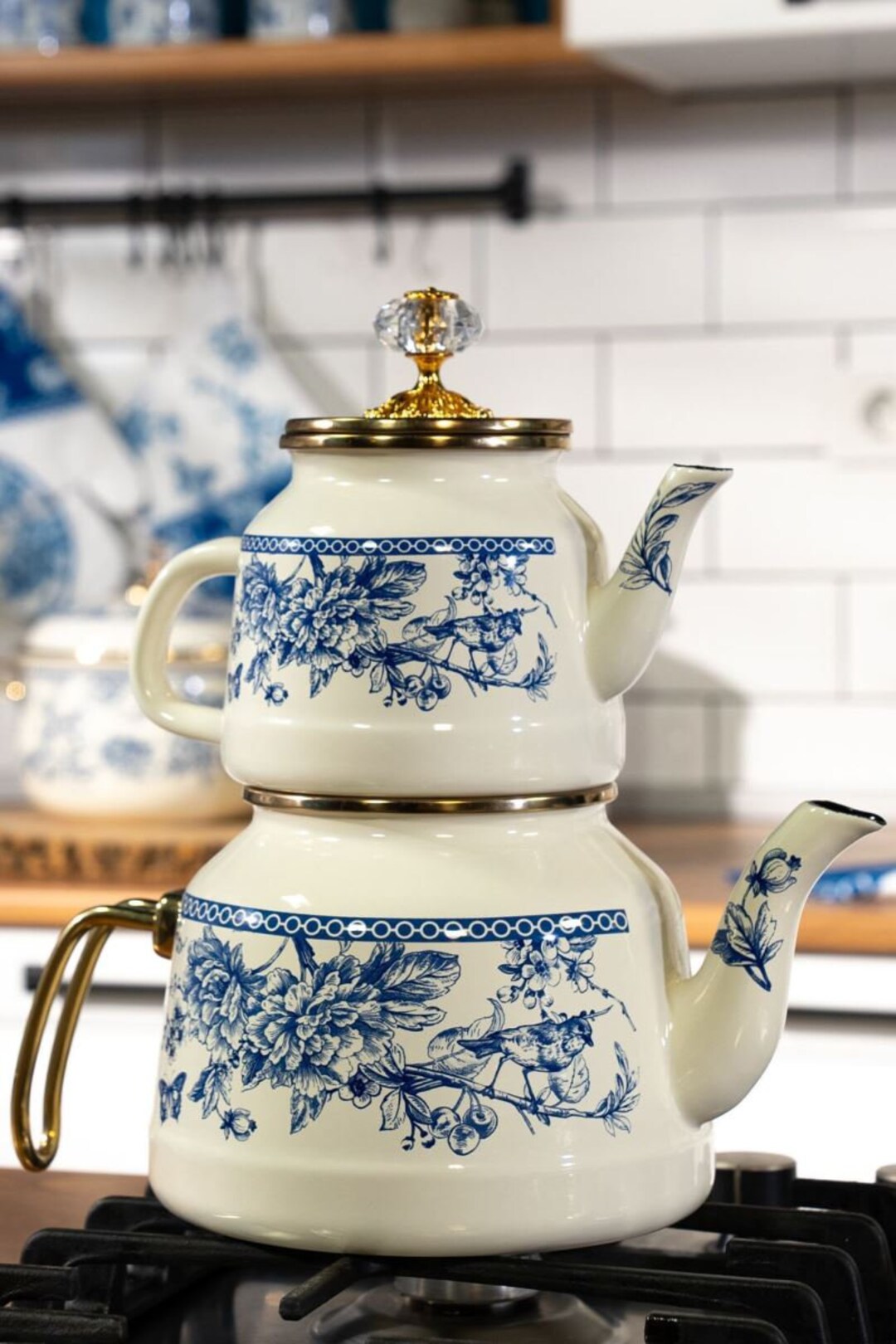 Blue Floral Turkish Double Teapot Set for Stovetop Tea Kettle Water