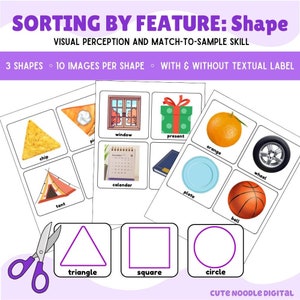May include: A printable educational activity for kids to learn about shapes. The worksheet features 30 images of various objects, each representing a triangle, square, or circle. The images are labeled with the name of the object, such as "chip", "tent", "window", "present", "orange", "wheel", "calendar", "plate", "ball", and "pie". The bottom of the worksheet shows a purple triangle, square, and circle.