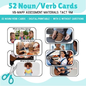May include: A set of 52 noun/verb cards for use with the VB-MAPP assessment materials. The cards feature images of children performing various actions, such as tying shoes, playing guitar, and reading a book. The cards are designed for use with the TACT 9M assessment.