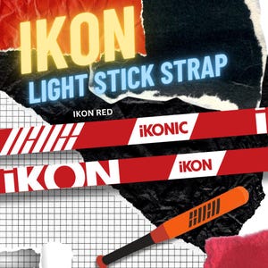 May include: A promotional image for an IKON light stick strap. The design features the word "IKON" in yellow and the text "LIGHT STICK STRAP" in blue. Red and white striped bands and an orange and black bat-shaped item are also visible.