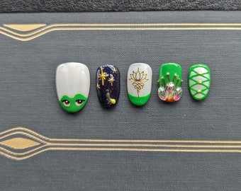 Disney Princess Press On Nails, Tiana, Princess and the Frog, Prom Nails, Graduation Nails, Gold Nails, White Nails, Summer Nails