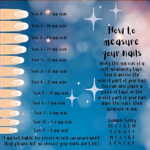 May include: A guide for measuring nail sizes, featuring illustrations of nails with corresponding sizes in millimeters. Text explains how to measure nails using a measuring tape or tape, and provides common sizing information. The background is a gradient of blue and white.