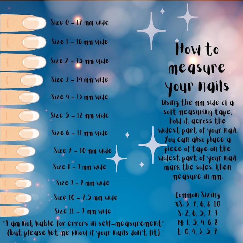 May include: A guide for measuring nail sizes, featuring illustrations of nails with corresponding sizes in millimeters. Text explains how to measure nails using a measuring tape or tape, and provides common sizing information. The background is a gradient of blue and white.