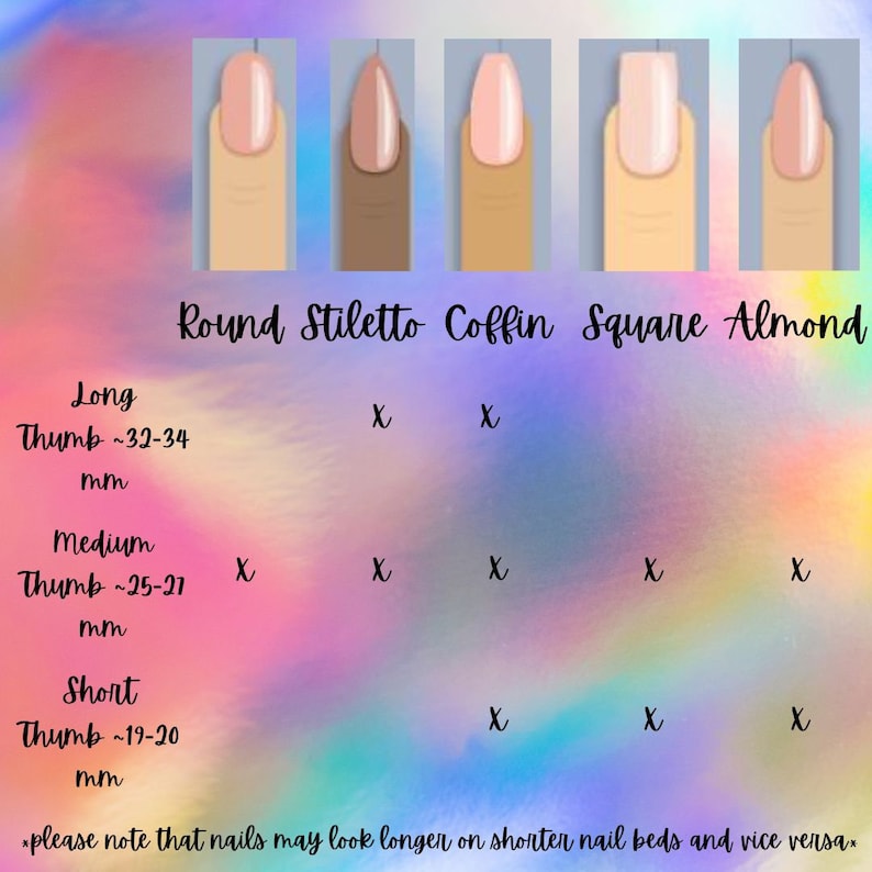 May include: A chart displaying nail shapes: Round, Stiletto, Coffin, Square, and Almond. The chart indicates nail length suitability for each shape, with measurements in millimeters. Text includes "Long," "Medium," and "Short" thumb lengths, and a note about nail appearance.