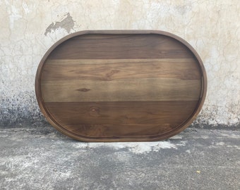 Ovales osmanisches Tablett aus Teakholz, Bauernhaus Serviertablett